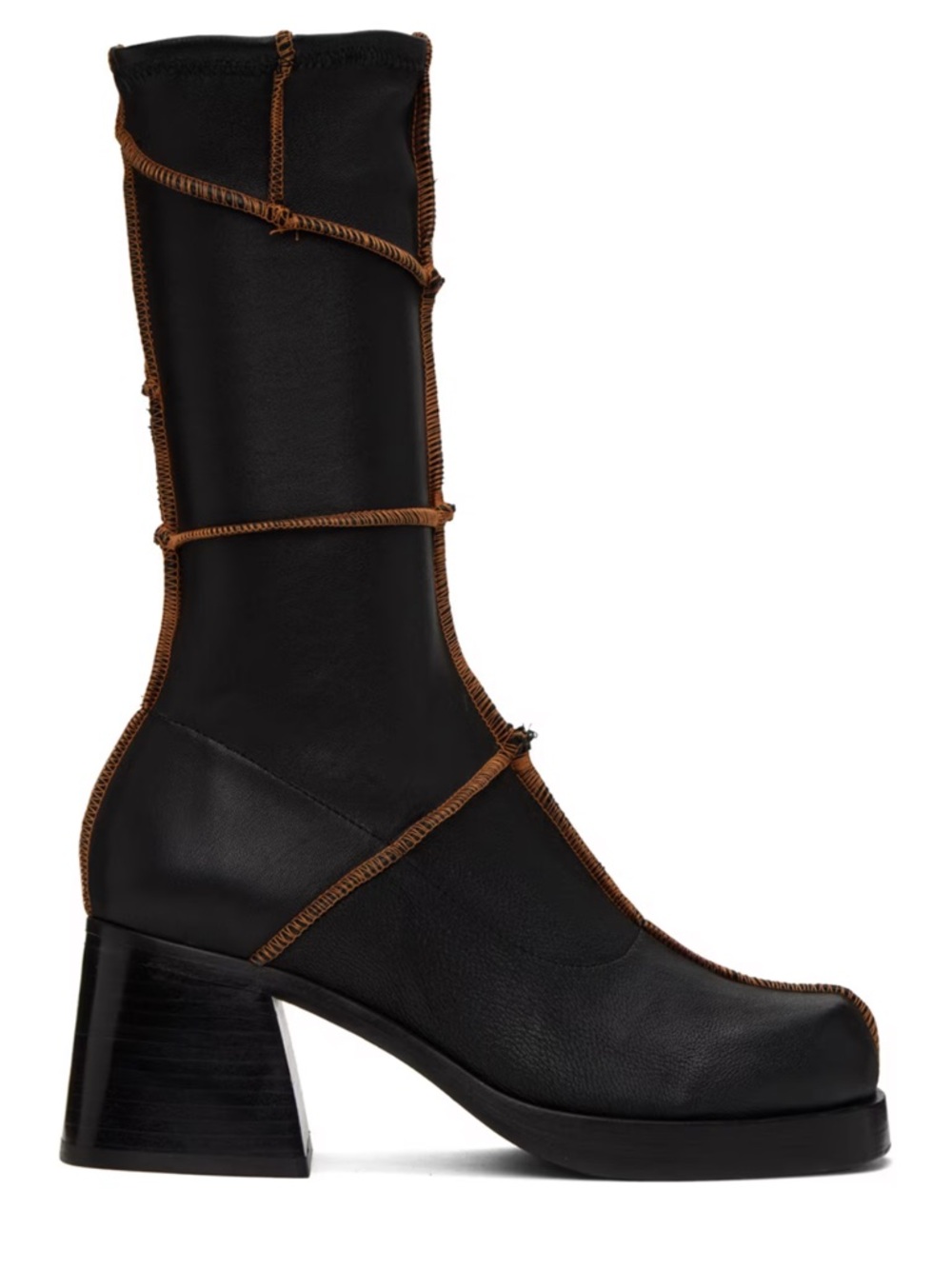Miista Black Leather Mid-Calf Block Heel Boots with Brown Trim Detailing